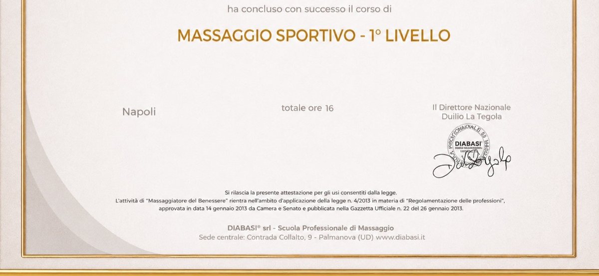 Attestato DIABASI, corso di Massaggio Sportivo di primo livello, Napoli