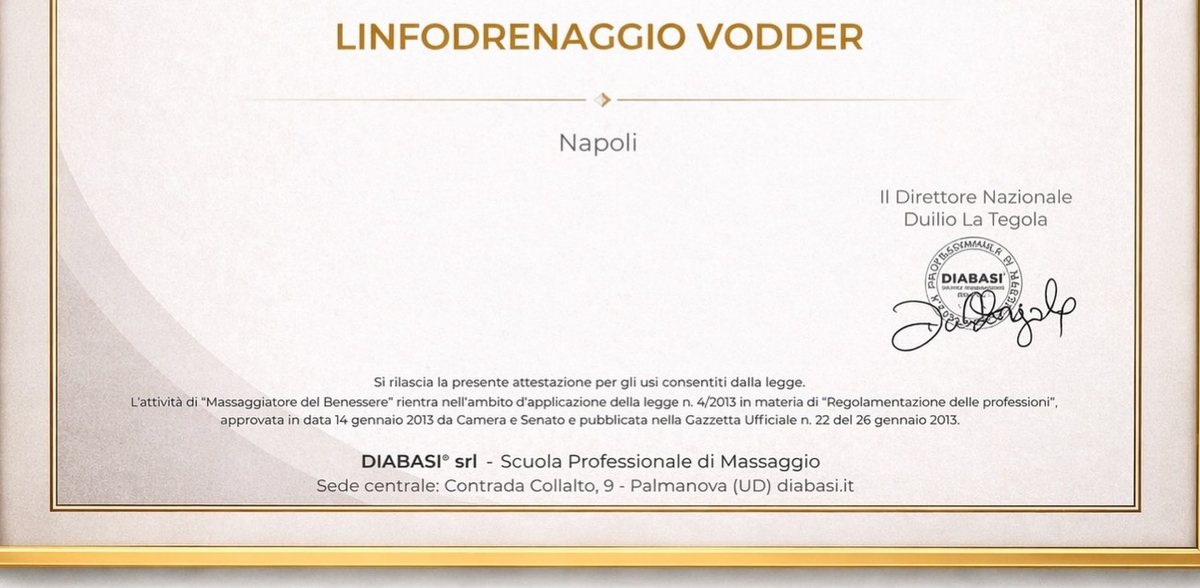 Attestato DIABASI, corso di Linfodrenaggio Vodder, Napoli