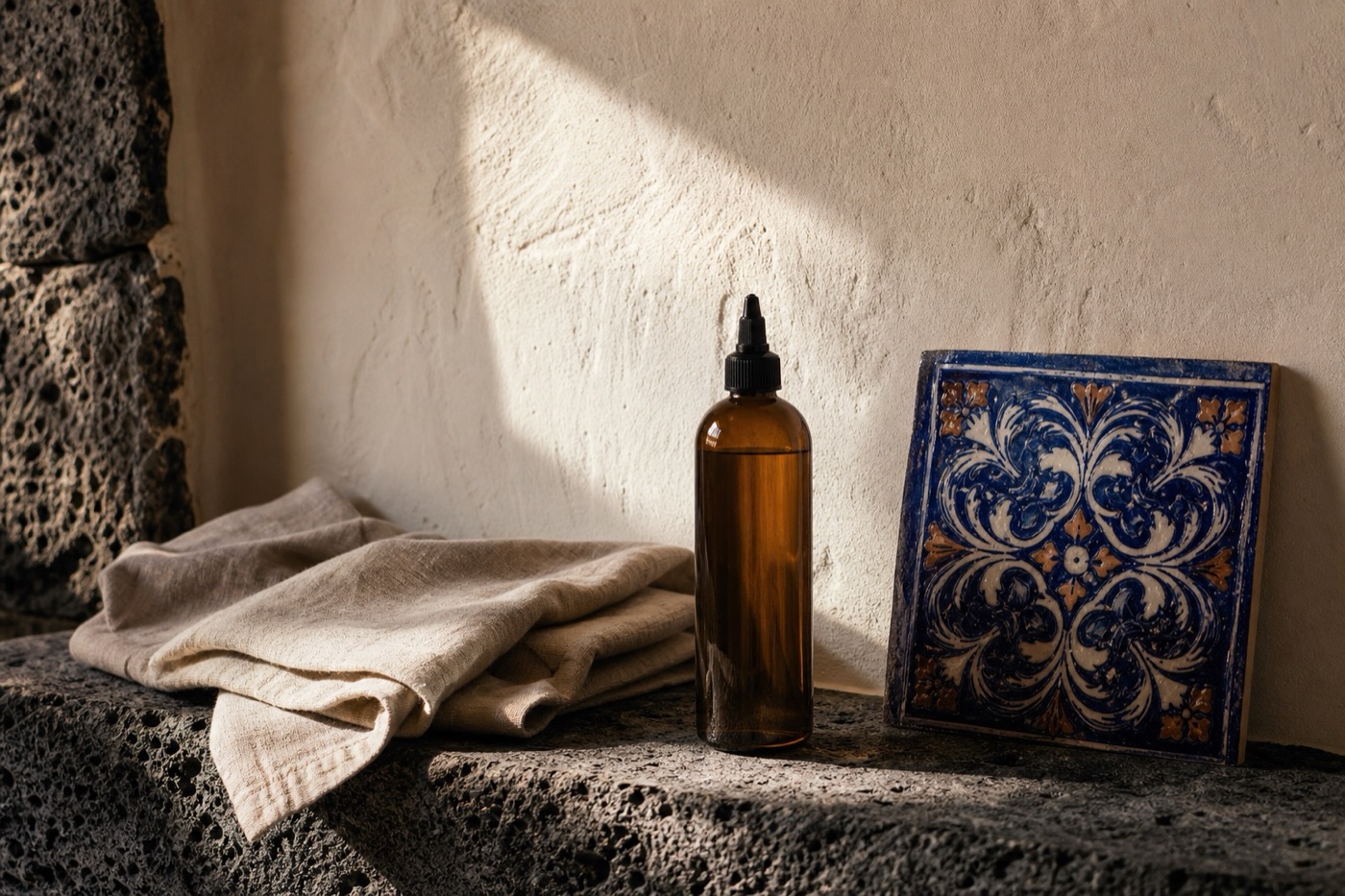 Olio, tessuti e maiolica, immagine illustrativa per i massaggi relax
